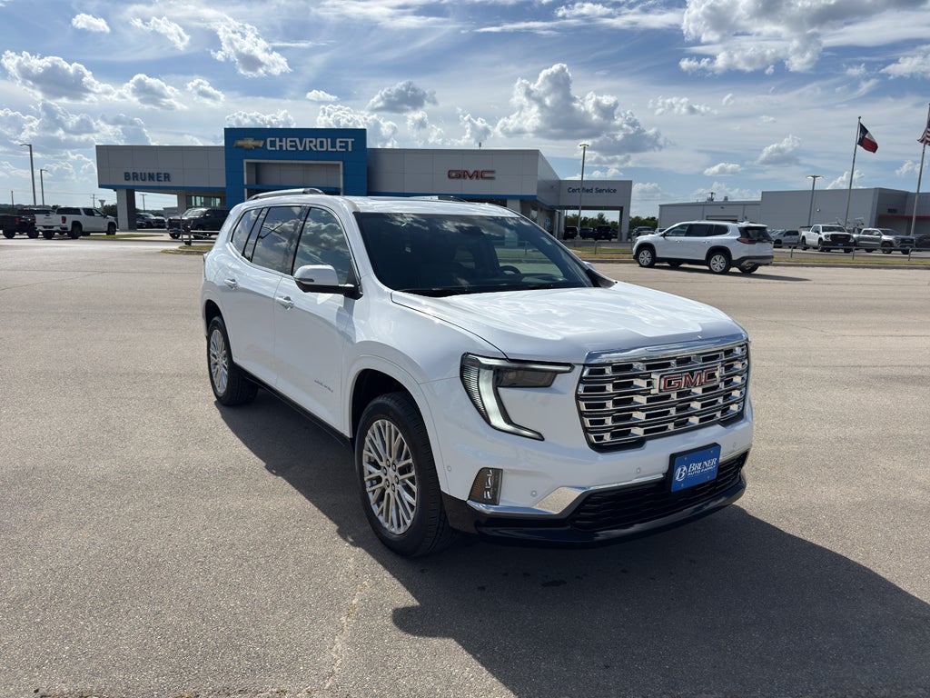 2026 GMC Acadia Denali in Summit White — front three-quarter view